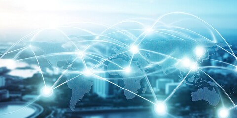 Naklejka premium A digital representation of global connectivity and networking over a world map.