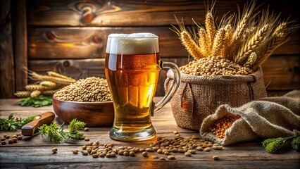 A frosty mug of golden liquid sits beside a burlap sack filled with barley and grain, a rustic representation of the brewing process