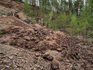Southern Urals, Bashkir State Nature Reserve: rock dumps at abandoned mines for the extraction of chromite ore under Mount Bashart.