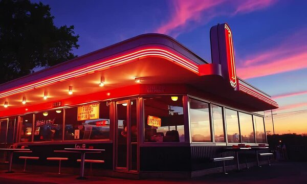 Retro Diner with Neon Lights at Dusk with ai generated.
