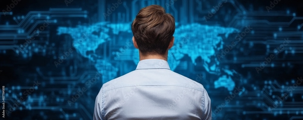 Poster a person gazes at a digital map displaying interconnected data, symbolizing technology, exploration,