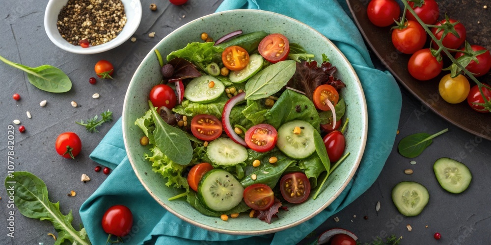 Poster An overhead view of a green salad featuring a variety of leafy greens cherry tomatoes and slices of cucumber all intermingling and creating a colorful medley.