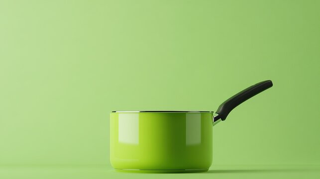 A minimalist image of a saucepan isolated against a solid green background. The bright green background makes the sleek shape of the saucepan stand out, emphasizing its simple and functional design.