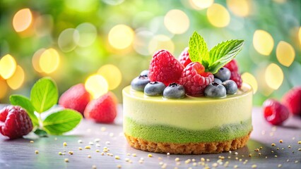 Delicate Green Dessert with Fresh Berries and Mint, Decorated with a Subtle Sprinkle of Seeds