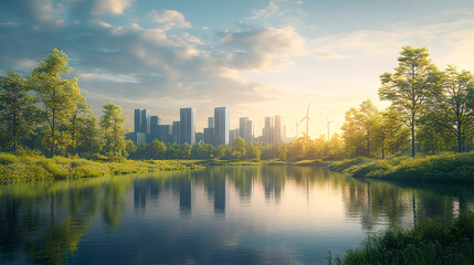 A vibrant cityscape at sunrise showcases a harmonious blend of nature and clean energy. Wind turbines and lush greenery reflect a sustainable future.