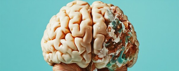 A stylized brain image showcasing one healthy hemisphere and one decayed side.