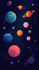 A colorful illustration of planets in space, showcasing a whimsical cosmic scene.