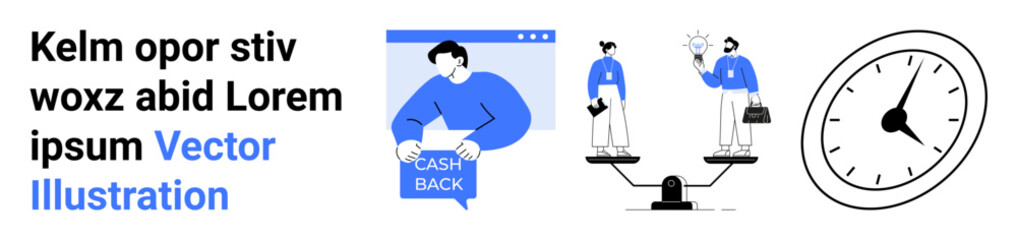 Cashback icon, business presentation with handshake, clock indicating time management. Ideal for e-commerce, business services, presentations, finance, project management, marketing campaigns