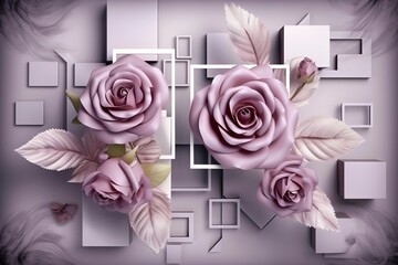 3d Mural modern wallpaper. purple rose flowers with Squares and decorative background . modern art for wall home decor