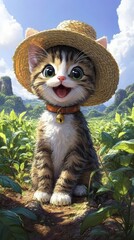 Adorable Kitten Wearing Straw Hat in Lush Green Field - Cute Anime Style Cat with Big Eyes and Bell Collar in Sunny Countryside Landscape, Perfect for Pet Lovers