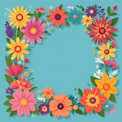Colorful Flower Frame with Blue Background