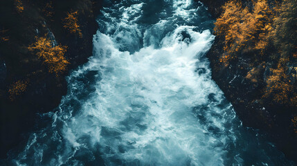 Fototapeta premium Aerial View of a Raging Waterfall with Foamy Water