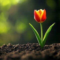 Obraz premium a tulip begining to come out of the soil .generative ai