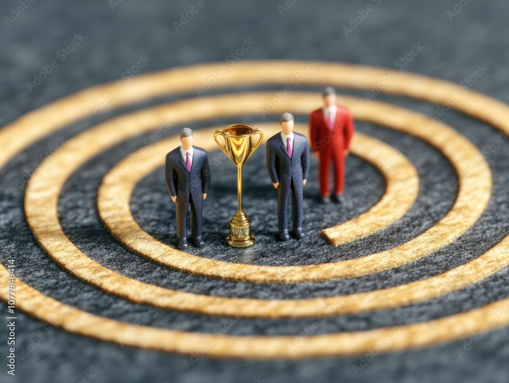 Poster cheetah symbolizing speed and success in business: miniature figures with trophy representing achiev