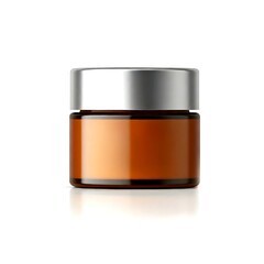 Blank amber glass jar of skincare with silver cap isolated on white reflective surface, skincare product packaging design