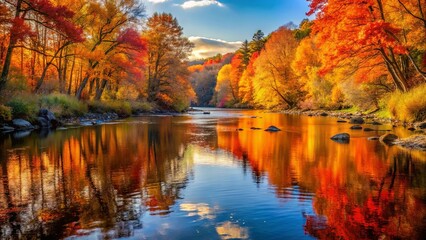 Obraz premium A picturesque autumn scene with vibrant foliage reflected in a still river, showcasing the tranquility of nature in its golden hour