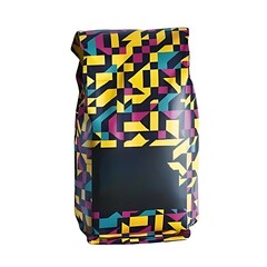 Coffee bag in vibrant colored geometric pattern with blank label, doypack isolated on white background, product packaging mockup design