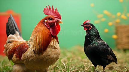 Fototapeta premium Rooster and Hen in a Garden Realistic Image