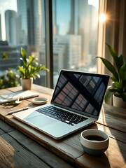 Fototapeta premium Workspace with laptop, coffee cup, documents and potted plant on the table near large window, workplace, business concept