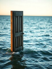 Abstract wooden door stands in an endless ocean, open door freedom concept