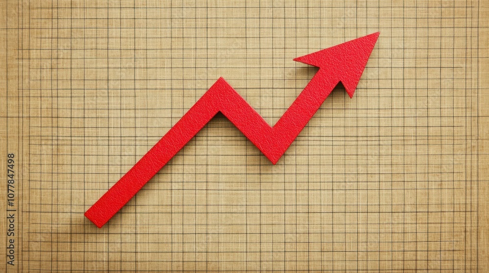 Poster red arrow representing growth and progress in business on graph paper background, symbolizing financ