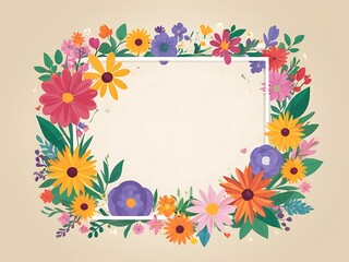 Fototapeta premium White Frame Surrounded by Colorful Flowers and Greenery