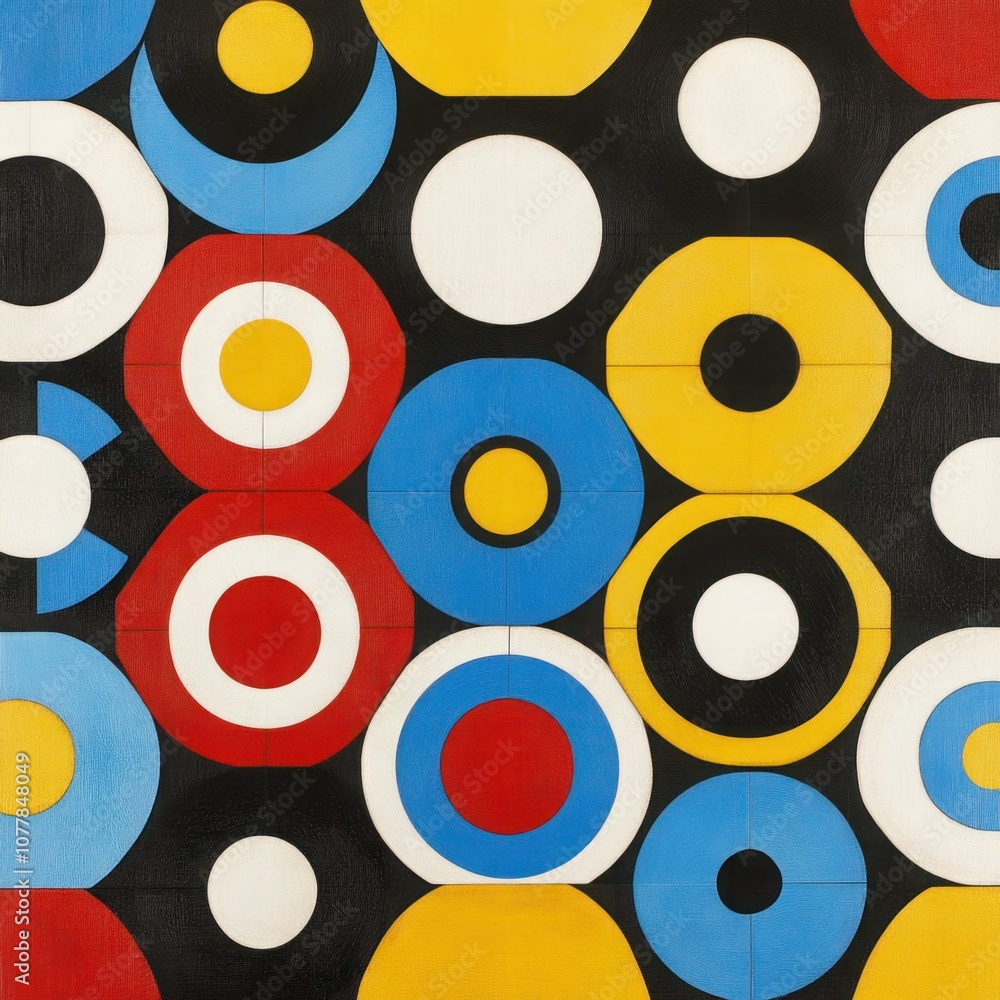 Poster vibrant geometric composition featuring circle and square patterns in bold colors on dark background