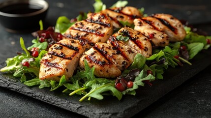 Grilled chicken breast served on a bed of fresh greens.