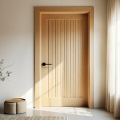 Beige wooden door in the white room with sunlight through glass window