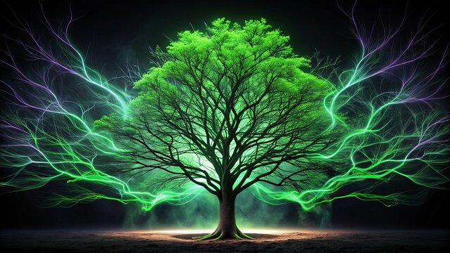 A solitary tree stands tall, bathed in an ethereal glow of vibrant green and purple energy, its branches reaching towards the night sky, a testament to nature's mystical power.