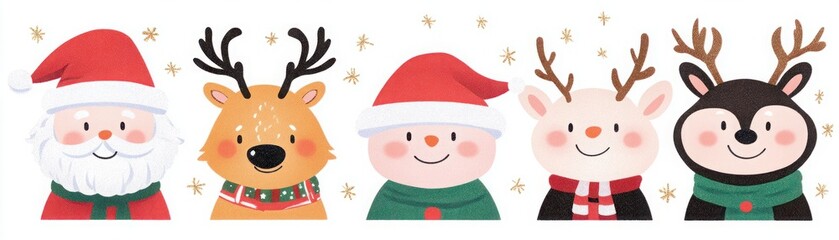 Naklejka premium Charming Festive Characters with Santa, Reindeer, and Snowman Design for Holiday Cheer Promotion and Seasonal Celebrations in Bright, Playful Art Style