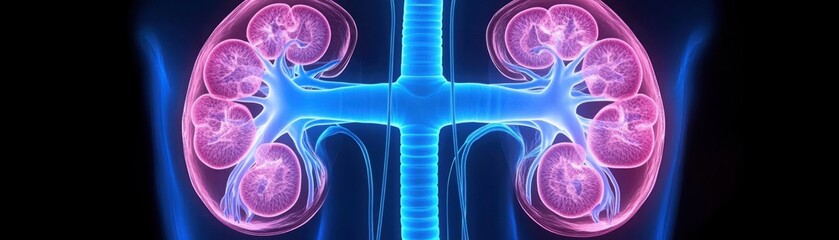 Vibrant Illustration of Human Kidneys with Detailed Structure in Glowing Colors Showcasing Nephrons, Blood Vessels, and Urinary System Anatomy for Educational Purposes