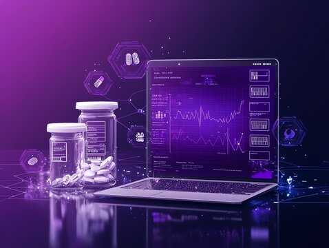 A digital representation of a laptop displaying data analytics, surrounded by prescription bottles, symbolizing the intersection of technology and healthcare.