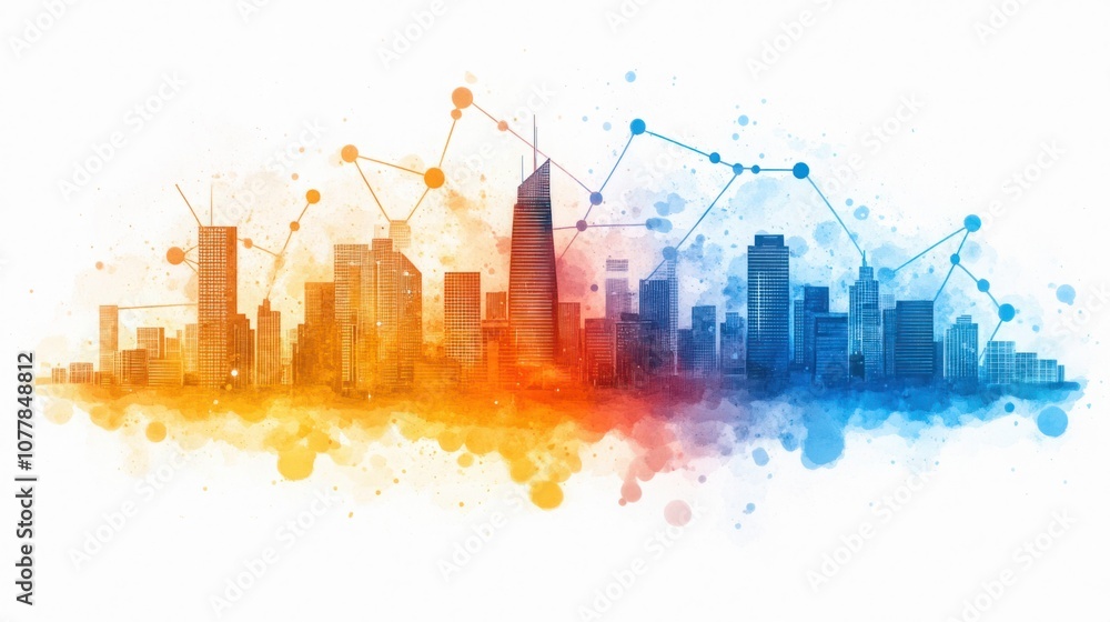 Poster vibrant urban skyline with abstract network connections in dynamic colors representing technology an