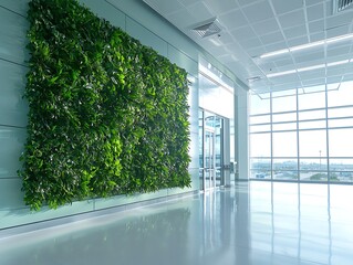 A modern interior space featuring a vibrant vertical garden against a sleek glass backdrop, emphasizing nature and tranquility.