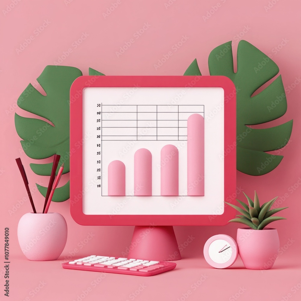 Aufkleber modern desktop workspace with pink computer and graph displaying growth surrounded by tropical leave