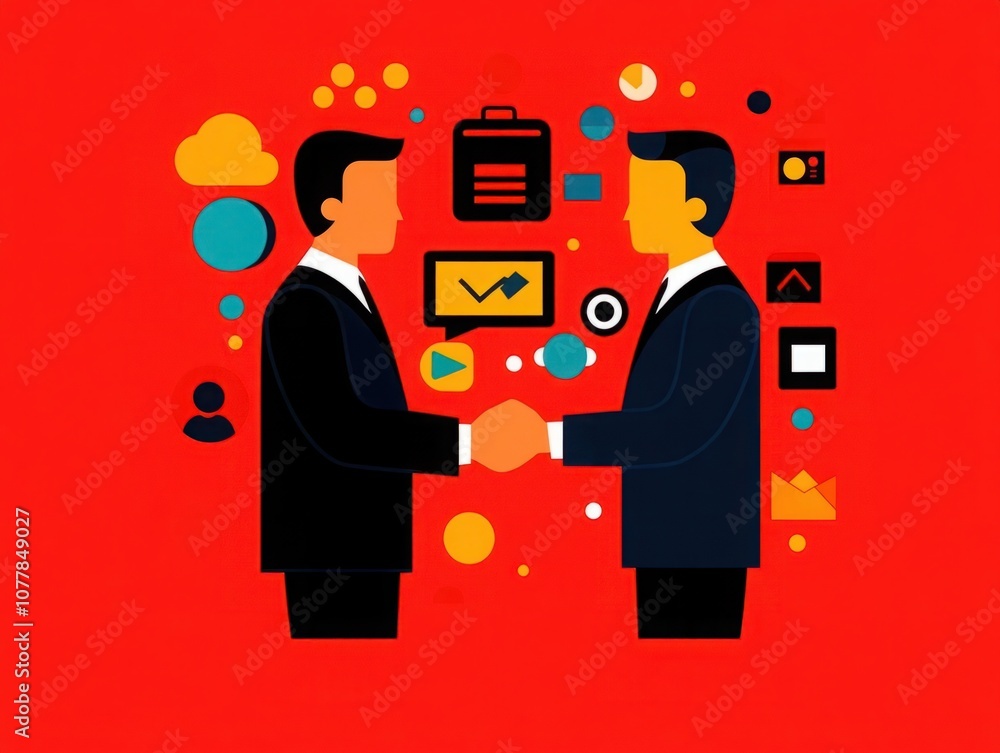 Poster business partnership illustration representing collaboration and teamwork with two professionals sha