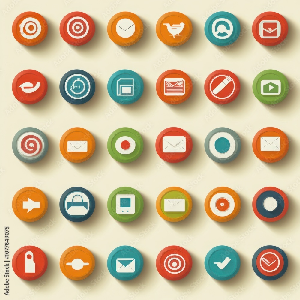 Poster colorful round icons set featuring various symbols for communication, media, and navigation, perfect