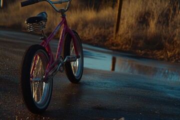 Obraz premium A pink bicycle sits on an asphalt road with a puddle in the foreground.