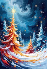 Abstract Christmas Card: Vibrant Winter Night Scene with Stylized Trees and Snowflakes in Blue and Gold. 抽象的クリスマスカード：青と金の鮮やかな冬の夜景、様式化された木と雪の結晶のモダンデザイン。
