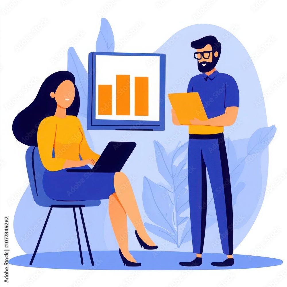 Aufkleber professional presentation of business analytics with illustrated characters engaged in collaborative