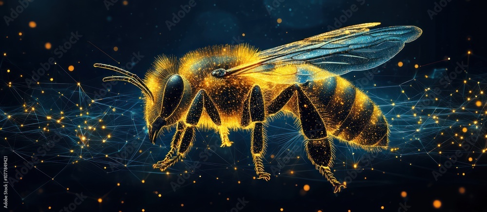Poster abstract glowing bee with connected lines and dots.
