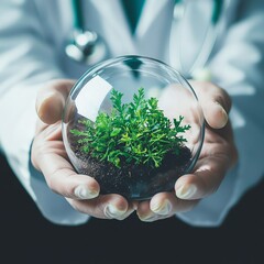 A doctor holds a glass sphere containing green plants and soil, symbolizing the connection between health and nature.