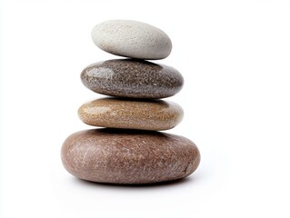 A stack of smooth river stones in various sizes, isolated on a white background
