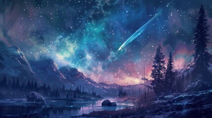 The comets iridescent tail creates a magical aurora in the sky enchanting all who witness its otherworldly presence.