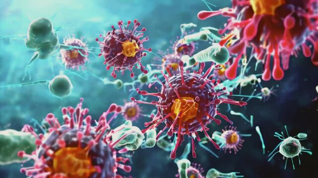 bacteriophages (viruses that infect bacteria) attacking a colony of bacteria. Visualize the phages binding to bacterial surfaces