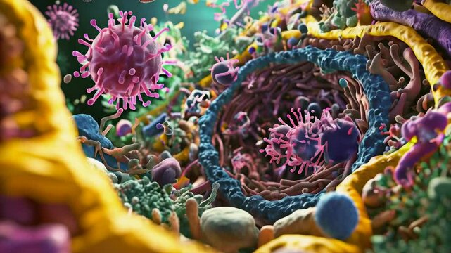a single bacterium as it moves through the intricate environment of the human gut. Visualize it navigating a maze of villi and interacting with various other microbes, 
