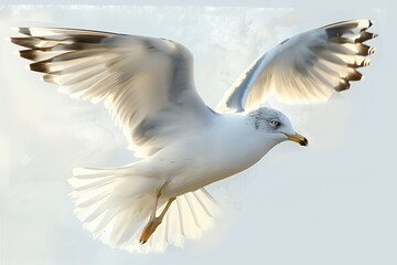 Fototapeta premium A white seagull with gray wings flies in the sky with its legs extended.