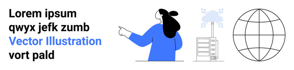 Person in blue pointing at wind turbine, juxtaposed with a globe. Ideal for tech, wind energy, sustainability, minimalist designs, web design, online education, and environmental campaigns. Banner