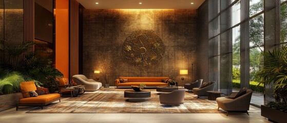 Modern lobby with large windows and a cozy seating area.